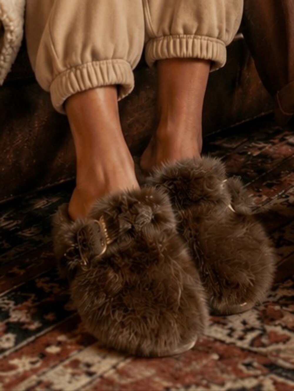 Faux Fur Brown Cozy Warm  Embellished Lounge Clogs Cabincore Mule Slippers
